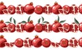 Pomegranate fruit whole and half with leaves three seamless horizontal border. Design of packaging, banners, websites.