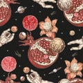 Pomegranate fruits, planets, flower and astronaut. Space illustration. Seamless surreal pattern.