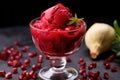 pomegranate gelato in a glass bowl with pomegranate seeds