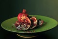 Pomegranate on green dish Royalty Free Stock Photo