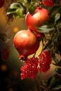Pomegranate, green leaves, and other fruit, in the style of caras ionut