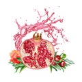 Pomegranate half cut fruit with flower, green leaves and juicy splashes on the background illustration. Red garnet fruit.