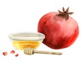 Pomegranate and honey in bowl with honey dipper spoon for Rosh Hashanah and Yom Kippur holidays watercolor illustration