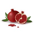 Pomegranate. Isolated half of ruby colorful pomegranate and whole round fruit with green leaf and handful of red seeds on white