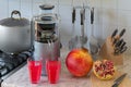 Pomegranate juice and electric juicer on kitchen table. 3D rendering