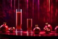 Pomegranate juice and fruit on a red background Royalty Free Stock Photo