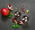 Pomegranate juice, fruit, seeds, branches on dark background, top view. Royalty Free Stock Photo