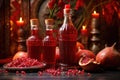 pomegranate juice in glass bottles beside diwali decorations