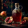 The pomegranate juice gold time glass bottle stood out against the backdrop of an old worn cracked wall.