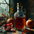 The pomegranate juice gold time glass bottle stood out against the backdrop of an old worn cracked wall.