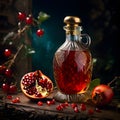 The pomegranate juice gold time glass bottle stood out against the backdrop of an old worn cracked wall.