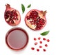 Pomegranate juice with pomegranate isolated on a white background top view