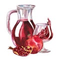 Pomegranate juice and pomegranate juice in decanter and glass. Watercolor hand drawn illustration. Isolate on white Royalty Free Stock Photo