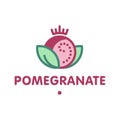 Pomegranate logo. Vector design of an emblem, icon, sticker, or logo in a flat style. Garnet concept with leaves and grains. Ripe Royalty Free Stock Photo