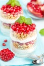 Pomegranate parfait - sweet organic layered dessert with granola flakes, yogurt and red ripe fruit seeds.