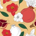 Pomegranate pattern, botanical fruit sketch. Abstract flat design for woman skirt and t-shirts, summer nature leaf Royalty Free Stock Photo