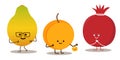 Pomegranate, peach and papaya. set of cartoon tropical fruit characters in kawaii style