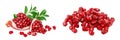 Pomegranate piece with leaf isolated on white background with full depth of field. Royalty Free Stock Photo