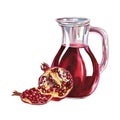 Pomegranate and pomegranate juice in a decanter Watercolor hand drawn illustration. Isolate on white background. for Royalty Free Stock Photo