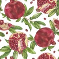 Pomegranate seamless Pattern. Watercolor botanical illustration of red Fruit and leaves. Hand drawn repeating ornament