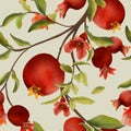 Pomegranate seamless pattern, watercolor red fruit flower,  food tree bloom illustration, leaf branch, color tropical design on Royalty Free Stock Photo