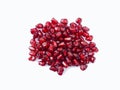 Pomegranate seeds isolated on white background. Ripe pomegranates close-up. Sweet and juicy garnet with copy space for text. Top v Royalty Free Stock Photo