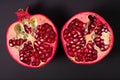 pomegranate sliced in half, revealing the juicy and sweet seeds within