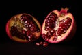 pomegranate sliced in half, revealing the juicy and sweet seeds within