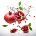 Pomegranate and sliced pomegranate in a splash of water on a white background. Juicy fruits Royalty Free Stock Photo