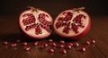 A pomegranate split in half sits on a wooden surface. The fruit\'s reddish-brown outer Royalty Free Stock Photo