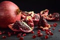 Pomegranate split open to reveal clusters of seeds on black background