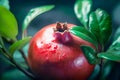 Pomegranate tree branch with ripe red pomegranate and green leaves on dark background Royalty Free Stock Photo