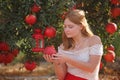 Beautiful girl Pomegranate garden Blooming in Israel, sunset. Rosh HaShanah