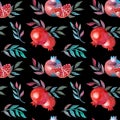 Pomegranate watercolor seamless pattern isolated on black background
