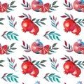 Pomegranate watercolor seamless pattern isolated on white background