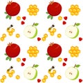 Pomegranates, apples, honeycomb and bee, seamless pattern