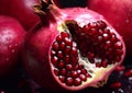 Pomegranates half with ripe red sweet seeds.Macro.AI generative