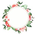 Watercolor round frame with pomegranates, leaves, flowers, pomegranate halves