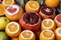 Pomegranates and oranges for sale Royalty Free Stock Photo