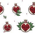 Pomegranates seamless pattern with cute hand drawn pomegranate fruits, heart shaped seeds inside