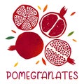 Pomegranates: whole fruit and half sliced on a white background