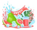 Pomelo citrus juice vector illustration, cartoon flat fresh pink pomelo citrus juicy summer vitamin drink in glass and