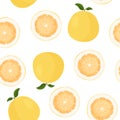 Pomelo fruit tropical exotic citrus, vector seamless pattern. Pummelo or shaddock fruits half cut and whole background.