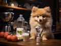 Pomeranian barista making coffee with mini espresso machine