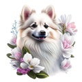 Pomeranian dog with flowers. Watercolor illustration isolated on white background AI generated animal ai Royalty Free Stock Photo