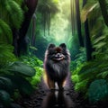 Pomeranian dog in the jungle. Spitz walks in the forest. AI generated