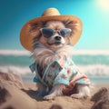 Pomeranian dog in summer costume. Summer pomeranian cute dog wearing pet stylish.
