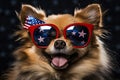 Pomeranian Dog Wearing Sunglasses With Stars And USA Flag. Elections, US Independence Day. Patriotic Dog. Generative AI