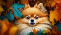 Pomeranian pup peeks through a sea of colorful autumn leaves