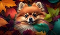 Pomeranian pup peeks through a sea of colorful autumn leaves